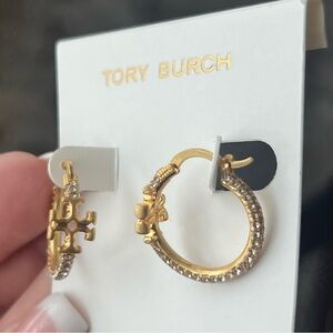 Tory Burch Eleanor Pavé Cross Small Hoop Earrings